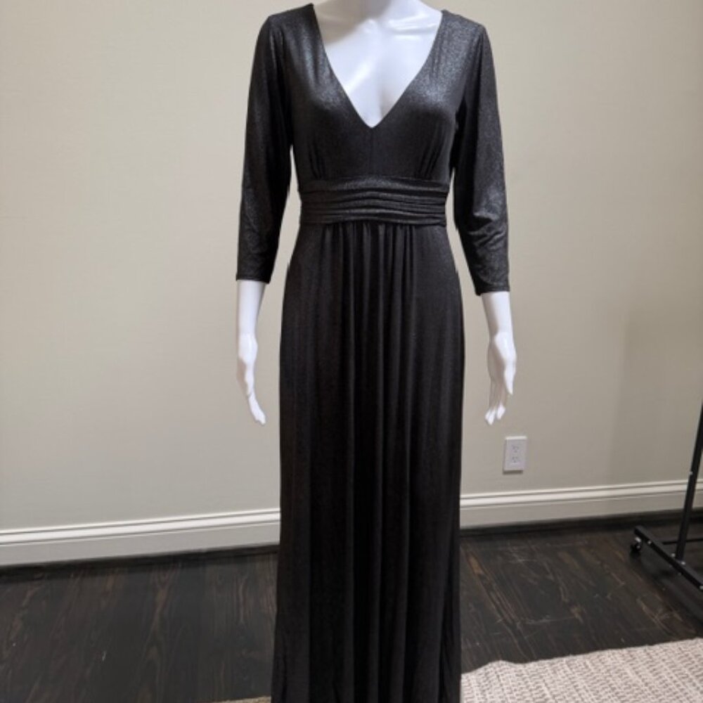 David Meister Black 3/4 Sleeve V-neck Ruched Evening Gown Size 6
